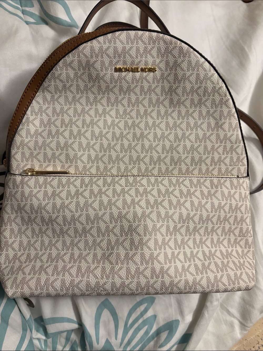 Michael Kors Beige Monogram Backpack with Brown Trim